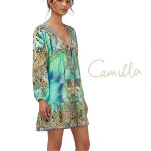CAMILLA Lay of the Land Flowy Teal Green Bohemian Tie-Front Silk Blouson Dress